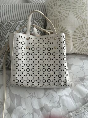 Ann Taylor White Laser-Cut Satchel with Gold Accents. Good condition $25.